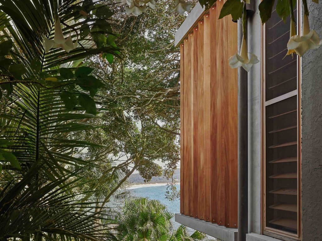 Detail of Blackbutt timber louvres by Acacia which provide privacy for a Palm Beach NSW property