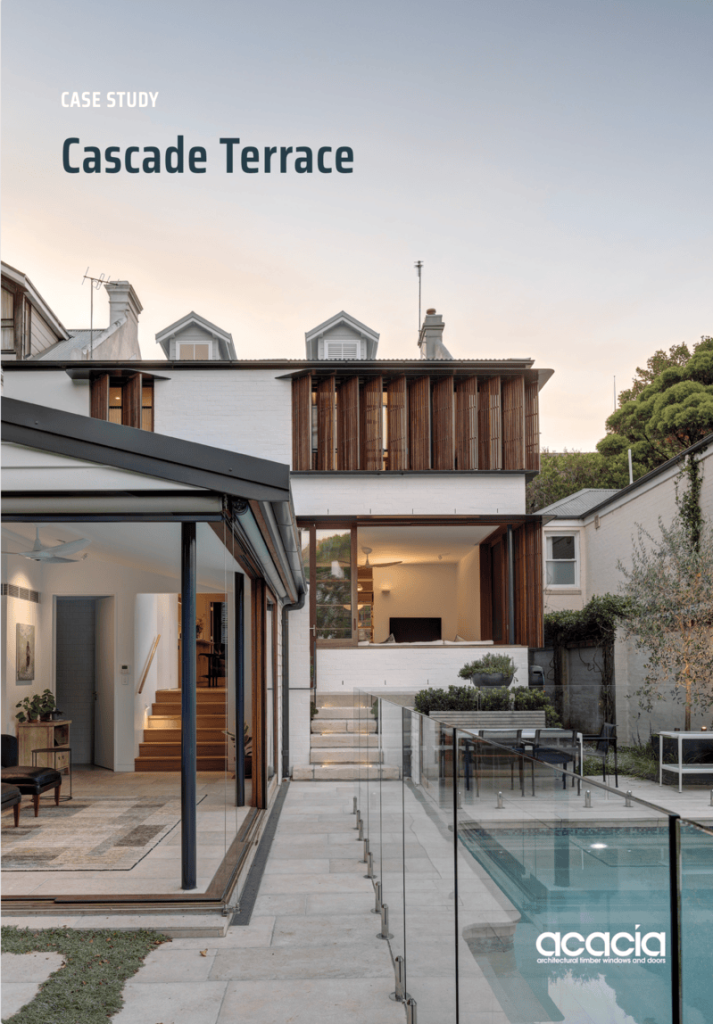 Cover of a case study for Cascade Terrace by Sam Crawford Architects with doors and windows by Acacia
