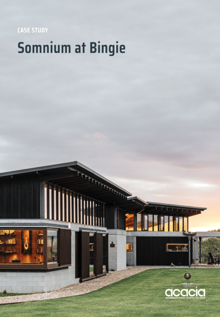 Cover of a case study for Somnium at Bingie by Eoghan Lewis Architects with doors and windows by Acacia