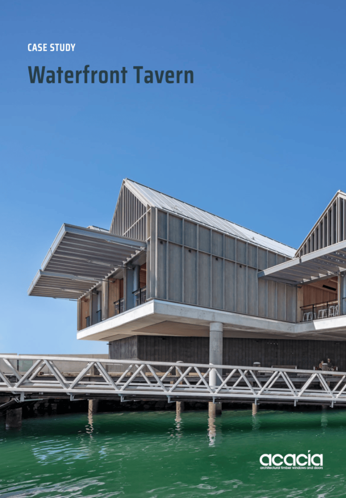 Cover of a case study for Waterfront Tavern at Shell Cove Marina with doors and windows by Acacia