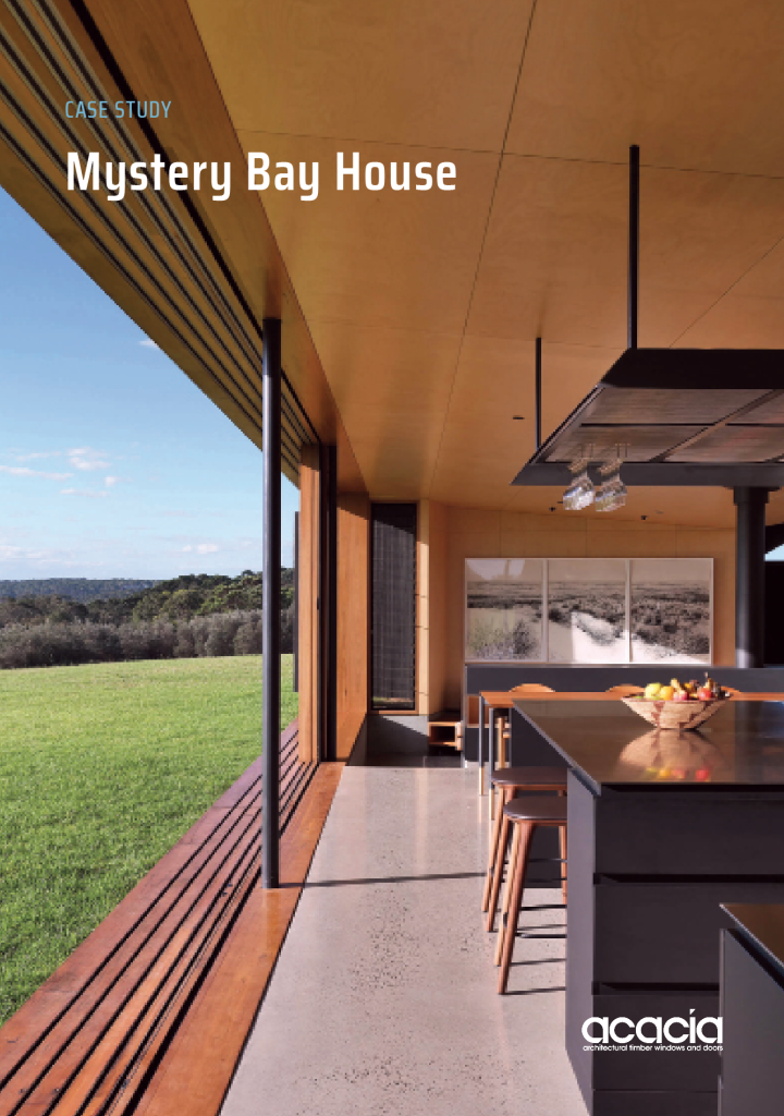Cover of a case study for Mystery Bay House by Jack Hawkins Architects with doors and windows by Acacia